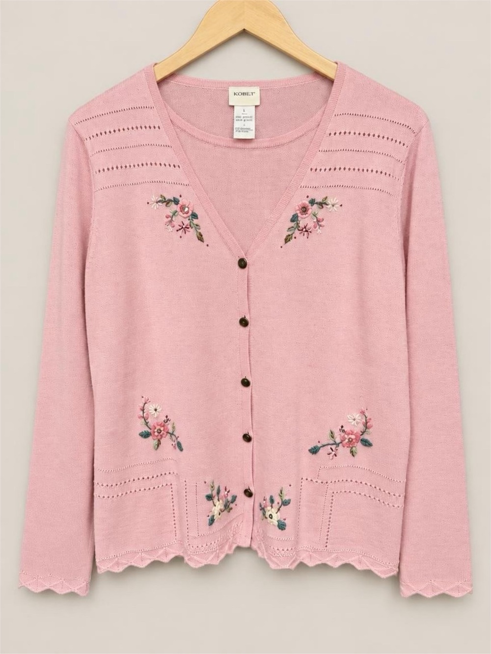 Koret Pink Floral Embroidered Cardigan Look Sweater L Grandmacore Cottagecore